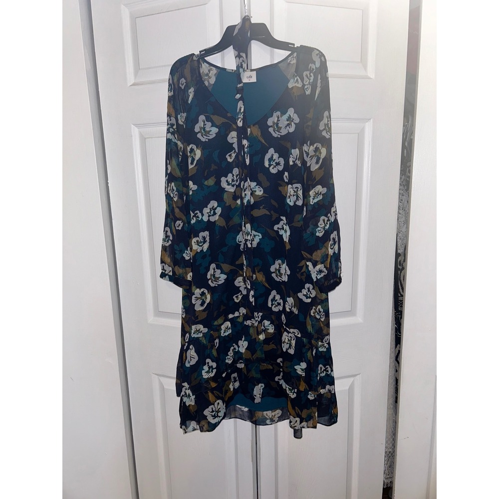 Cabi Floral Print V-Neck Shift Dress Navy Blue Teal Tiered Hem Medium